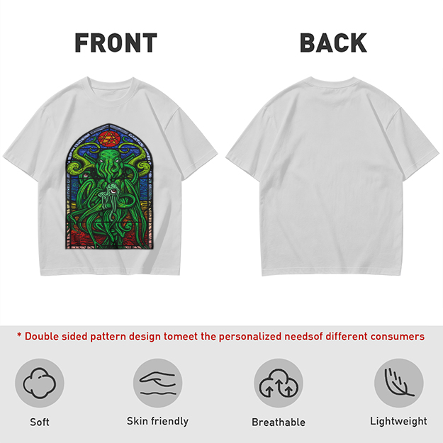 Olive T-Shirt with Cthulhu Stained Glass Style Graphic