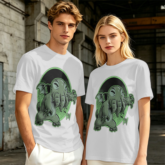 Olive T-Shirt Featuring Cute Cartoon Cthulhu Saying Hi
