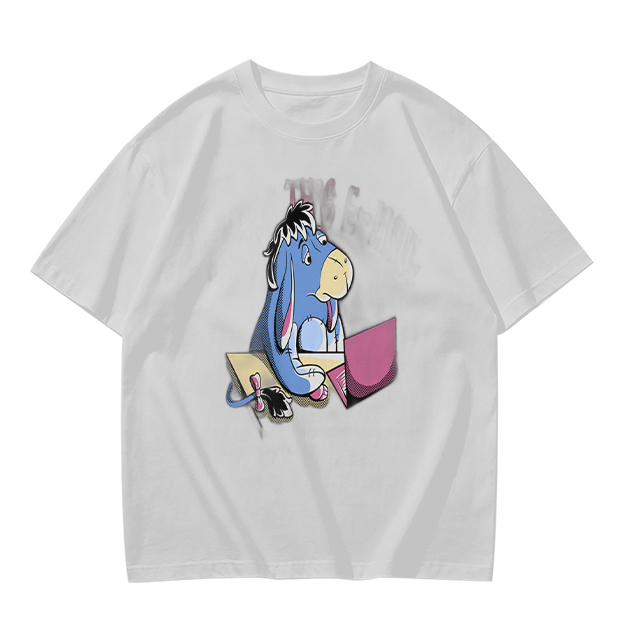 Olive T-Shirt Featuring Eeyore Using a Laptop