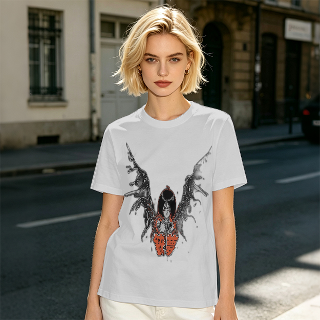 Olive T-shirt with Cybernetic Angel Graphic Print