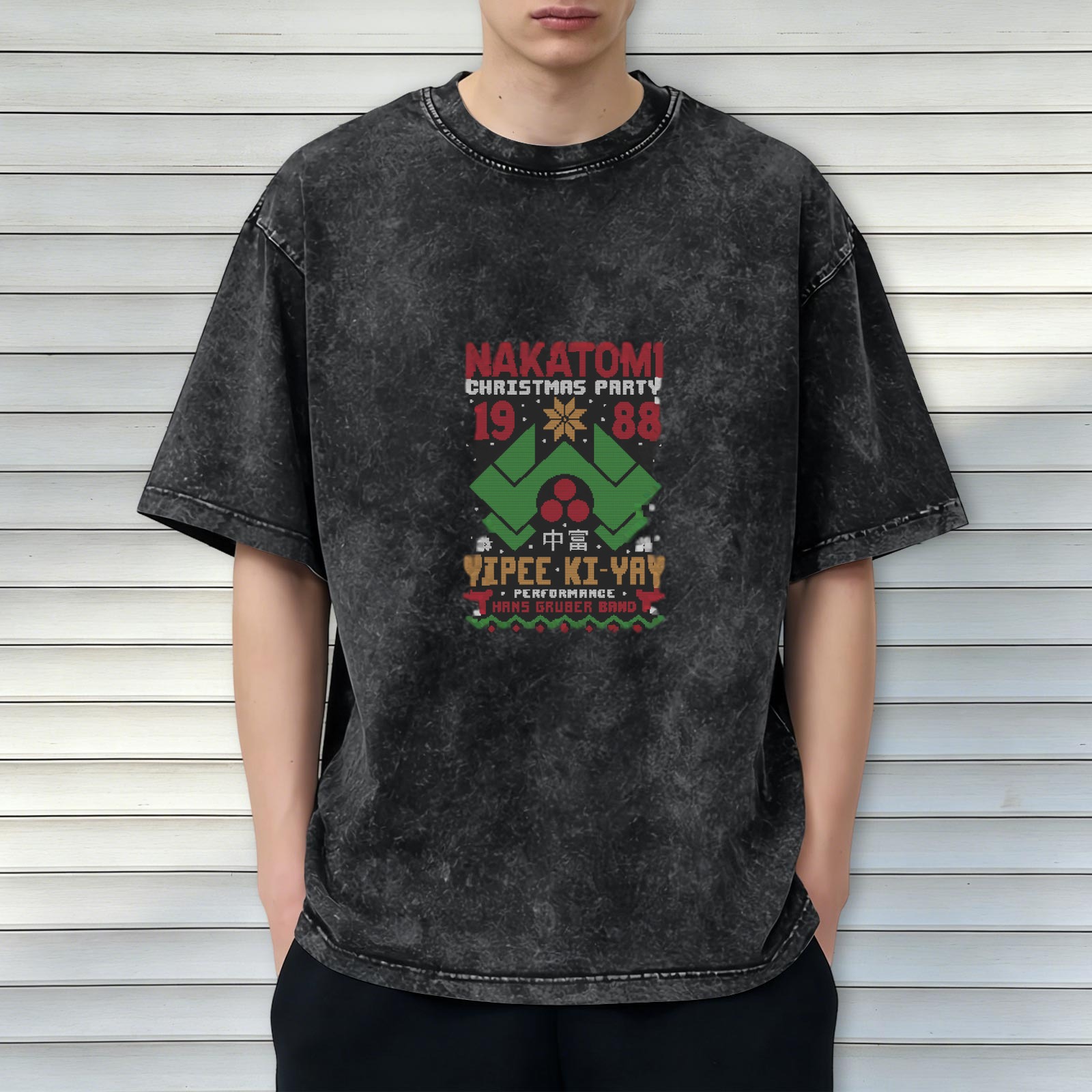 Nakatomi Christmas Party 1988 Yipee Ki-Yay Hans Gruber Band Oversized Stone Wash T-Shirt