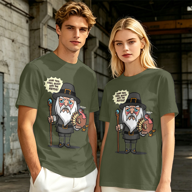 Wizard Pilgrim Holding Turkey Funny Thanksgiving T-Shirt Design