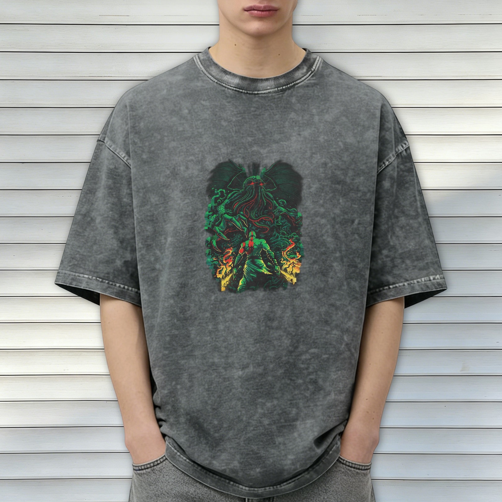 Oversized Acid Wash Graphic T-Shirt with Cthulhu and God of War Kratos Print, Dark Gray Distressed Short Sleeve Tee