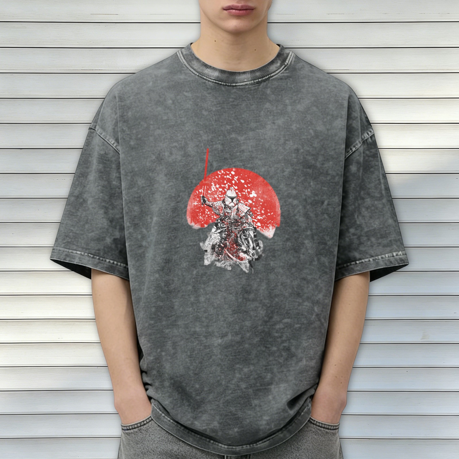 Washed black graphic t-shirt with samurai stormtrooper and red sun design