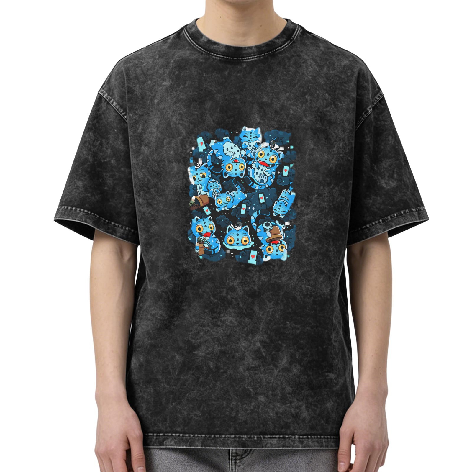 Oversized Vintage Wash Black T-Shirt with Blue Cute Cat Graphic Print
