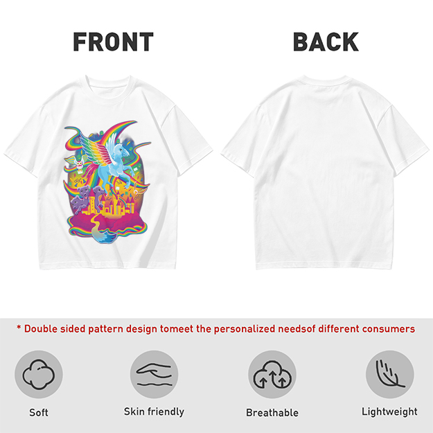 Olive T-Shirt With Whimsical Rainbow Fantasy Creature Castle Art