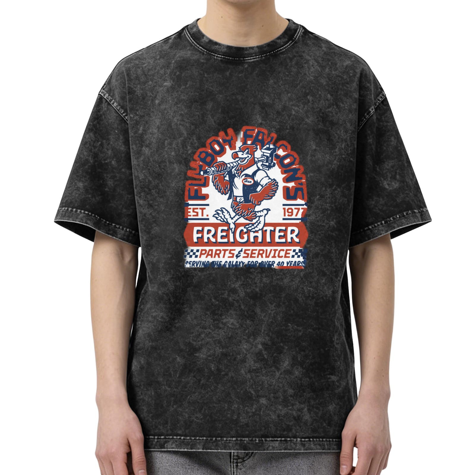 Washed Graphic T-Shirt with Falcon Freighter Parts Service Print