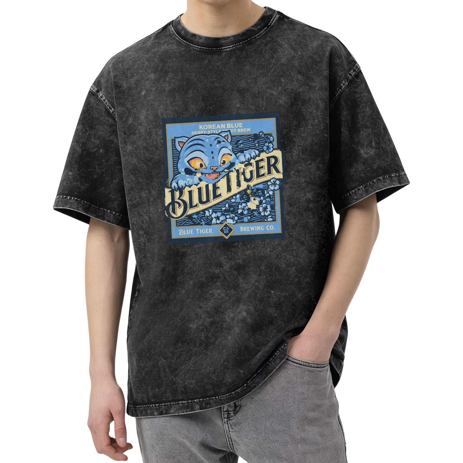 Washed Black Oversized T-Shirt with Blue Tiger Brewing Co Graphic