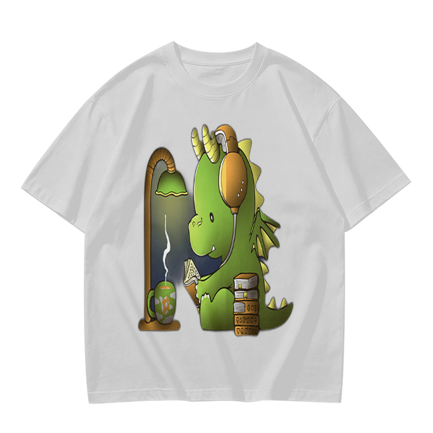 Olive T-Shirt with Cute Dragon Reading and Wearing Headphones