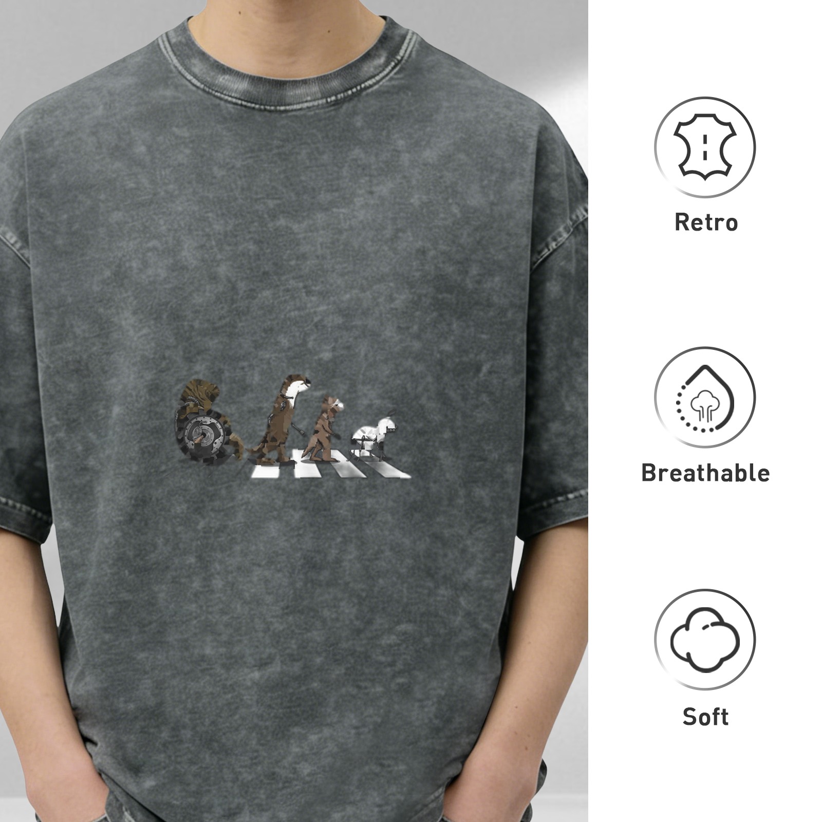 Oversized Acid Wash T-Shirt With Animal Abbey Road Style Graphic