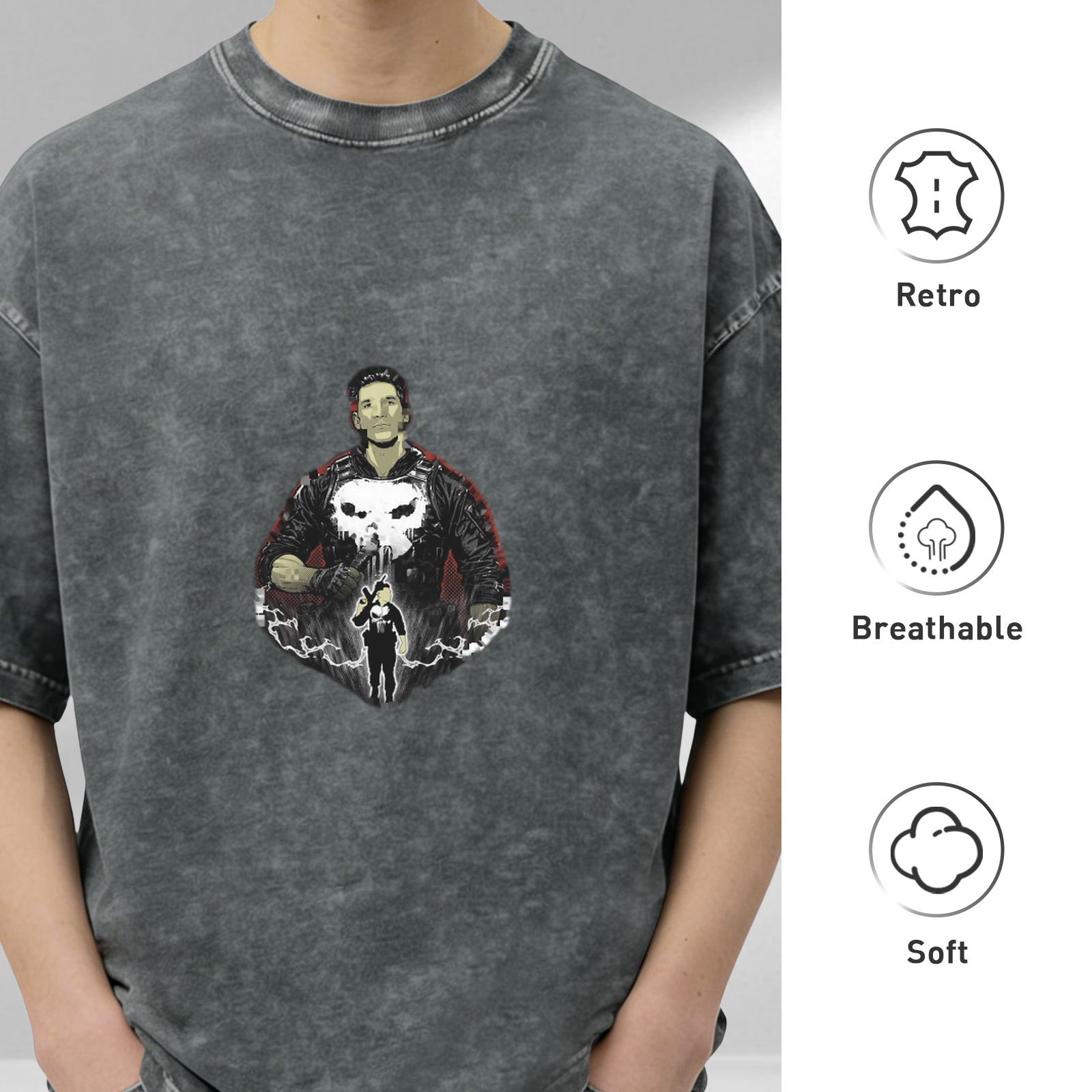 Oversized Stonewashed T-Shirt With Punisher Skull Graphic