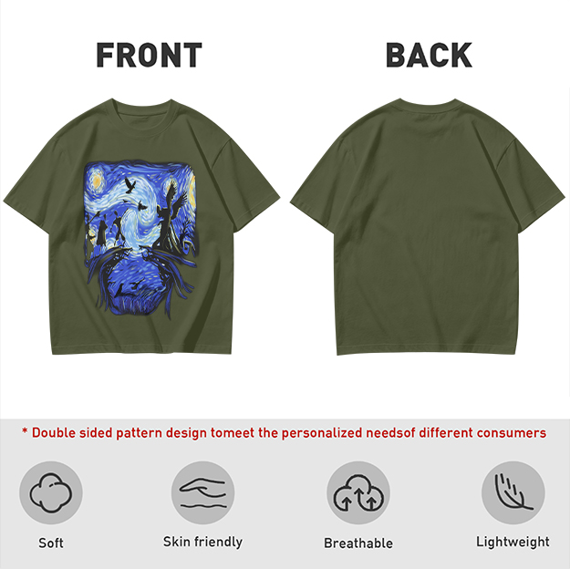 Olive T-Shirt with Starry Night Style Fantasy Art Print