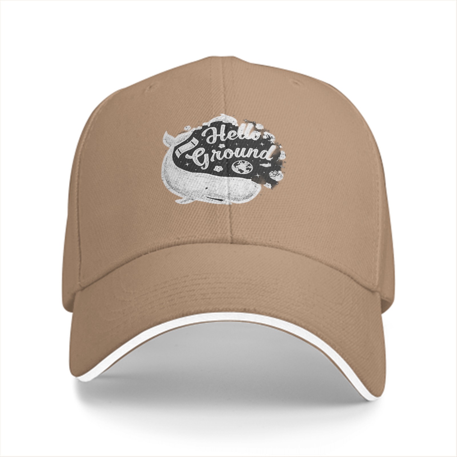 Black baseball cap with Hello Ground whale graphic print