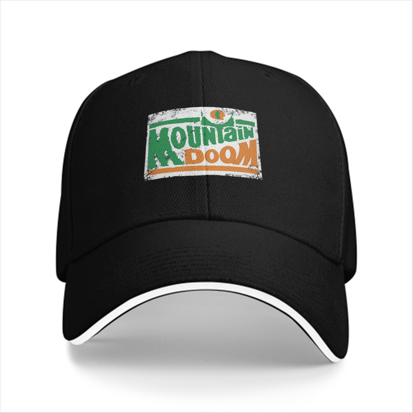 Black baseball cap with Mountain Doom distressed graphic print