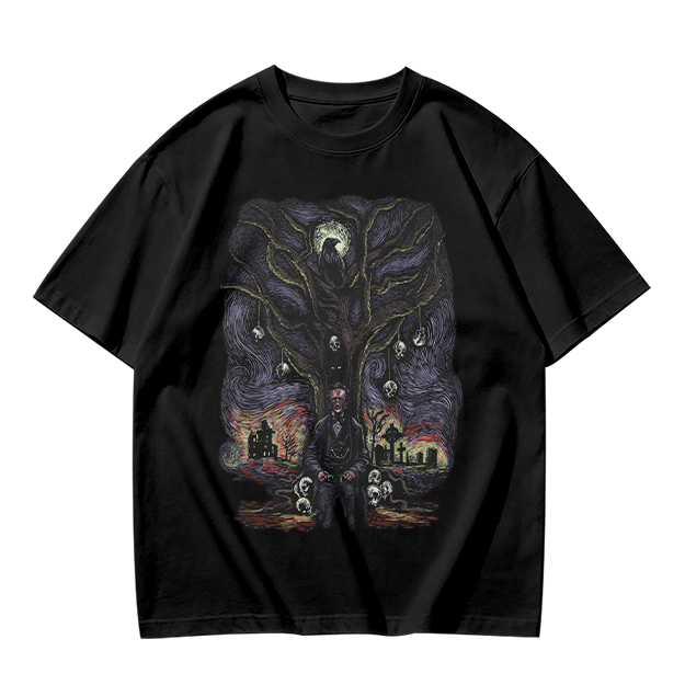 Olive t-shirt with gothic tree raven and graveyard graphic