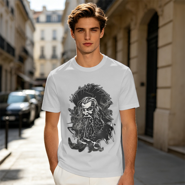 Olive T-Shirt with Wizard Smoking Pipe Fantasy Art Print