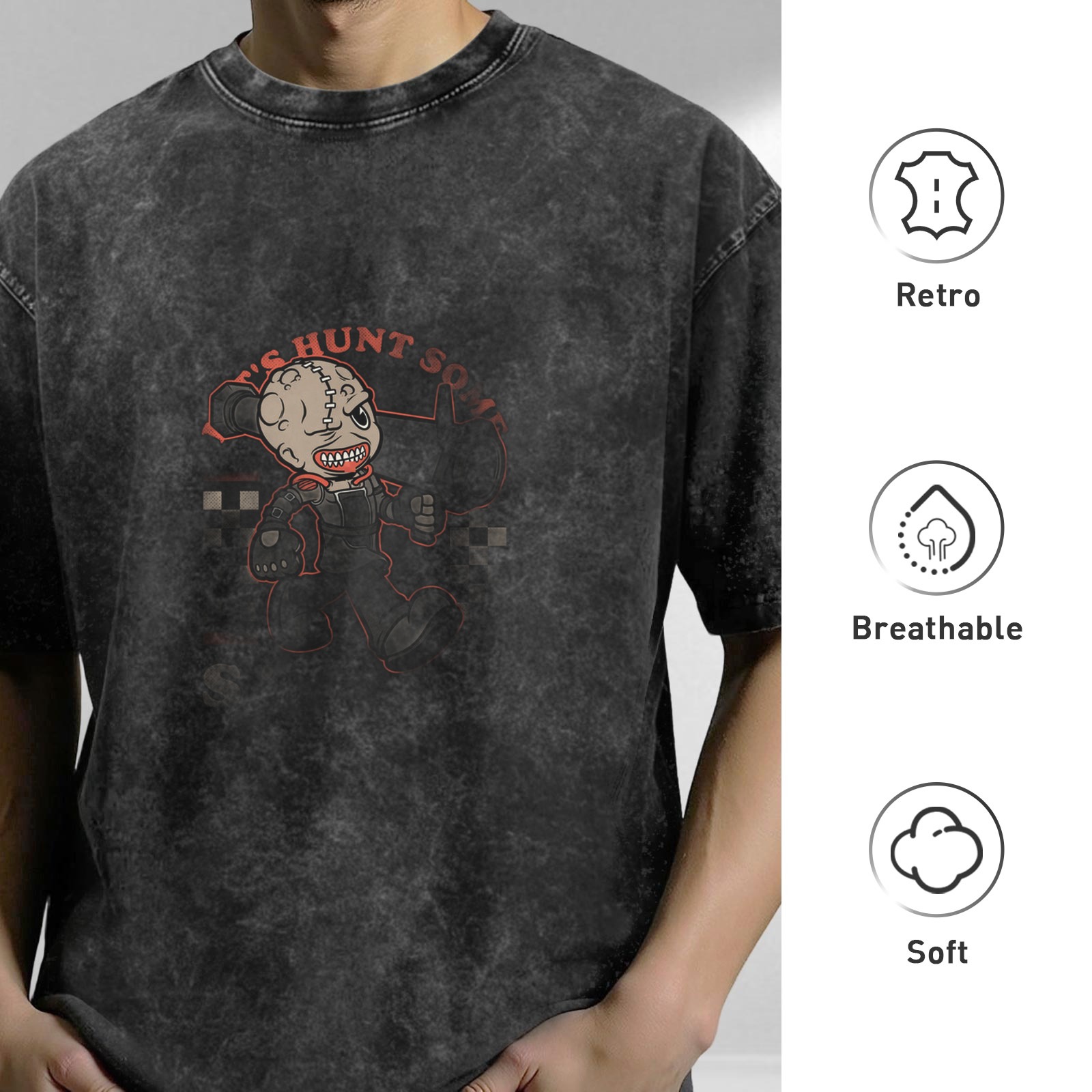 Washed Black Graphic T-Shirt With Stitched Horror Character Print