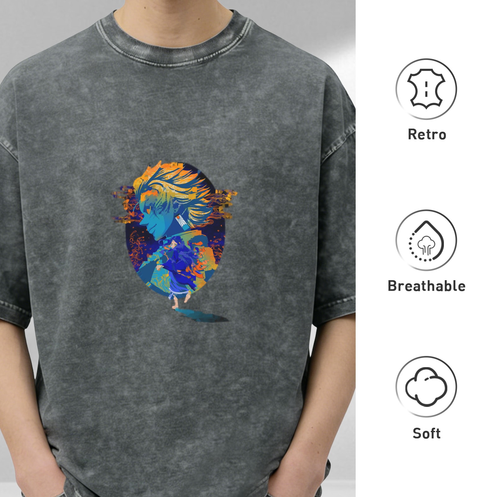 Oversized Acid-Wash Graphic T-Shirt with Anime Character Print