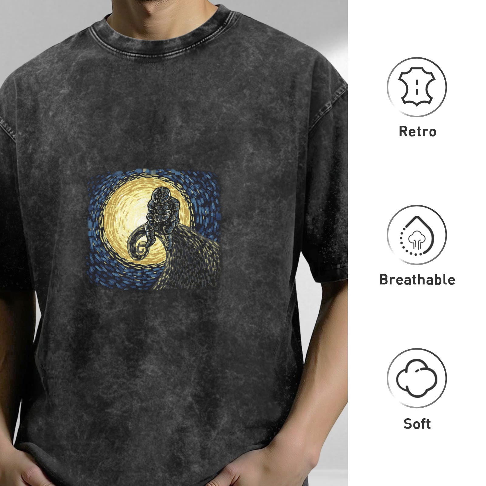 Washed Black Oversized T-Shirt with Ram and Starry Night Style Graphic