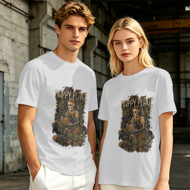 Happy Place Skeleton Gardener Cat Plant Lover T-Shirt