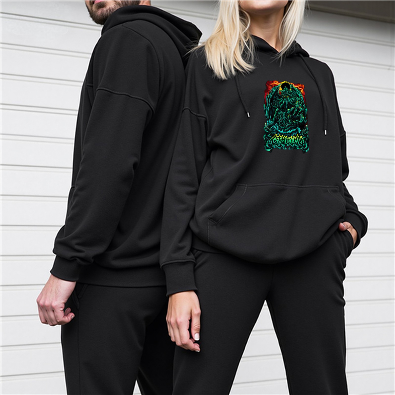 Black Hoodie With Dark Fantasy Monster Graphic Print
