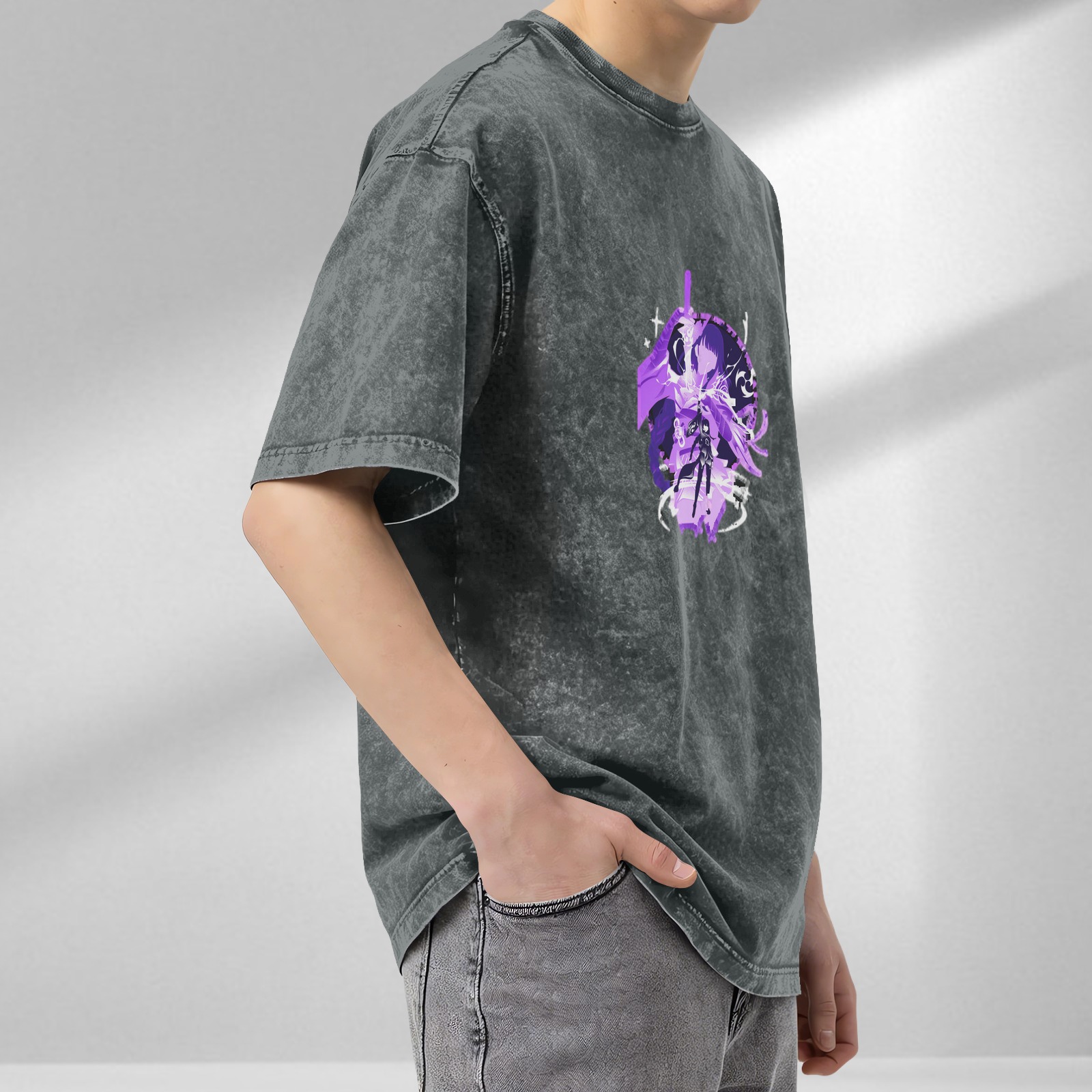 Washed Black T-Shirt with Purple Anime Character Graphic Print