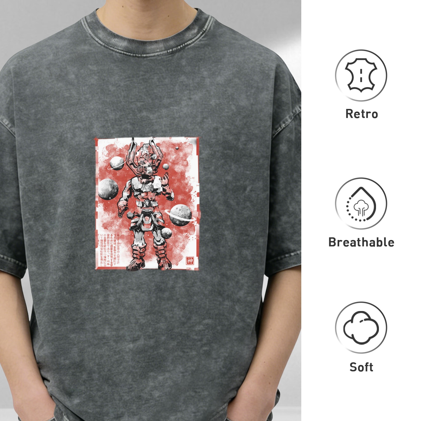 Oversized Acid Wash T-Shirt With Samurai Robot Space Art Print