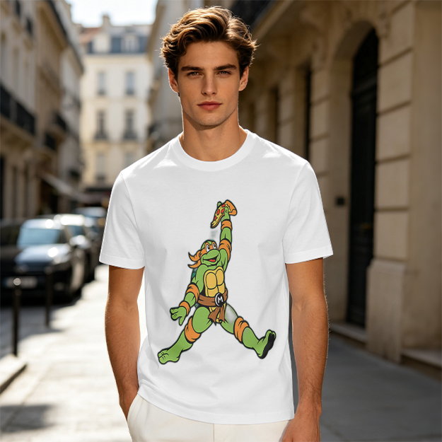 Olive T-Shirt with Michelangelo Ninja Turtle Holding Pizza Print