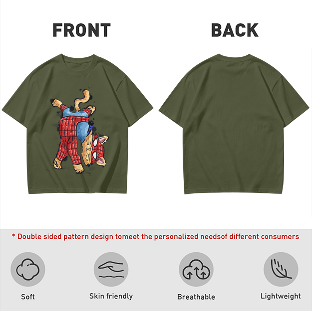 Olive T-Shirt With Playful Spider Cat Superhero Graphic Print