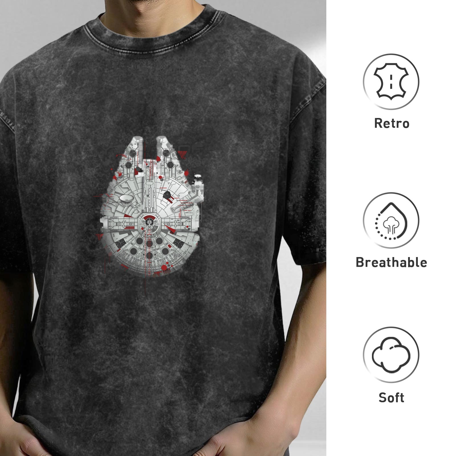 Distressed black short-sleeved T-shirt Star Wars Millennium Falcon pattern casual loose style
