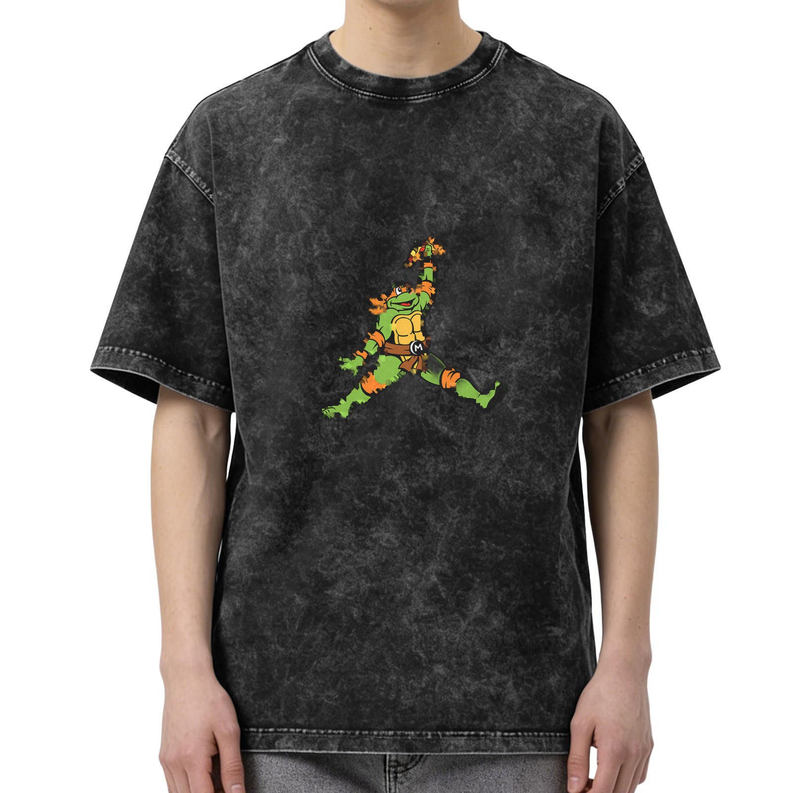 Washed Black Oversized T-Shirt with Ninja Turtle Jump Graphic