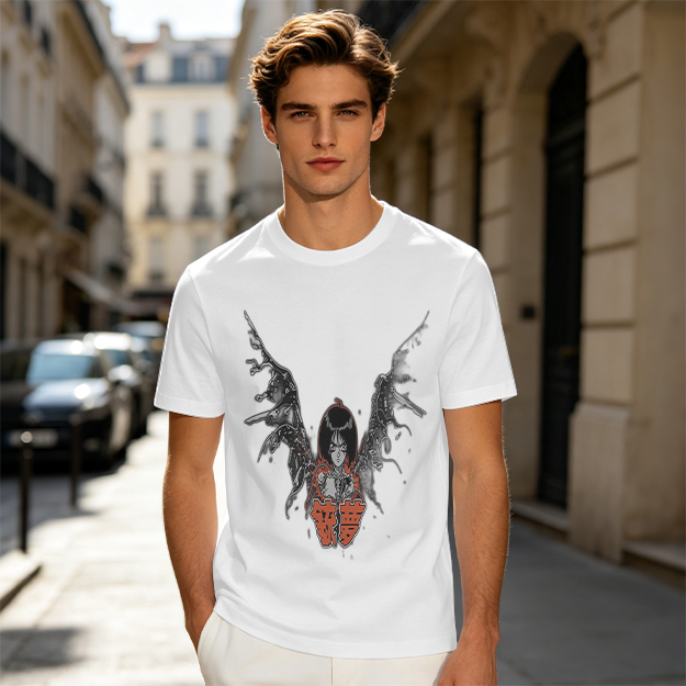 Olive T-shirt with Cybernetic Angel Graphic Print