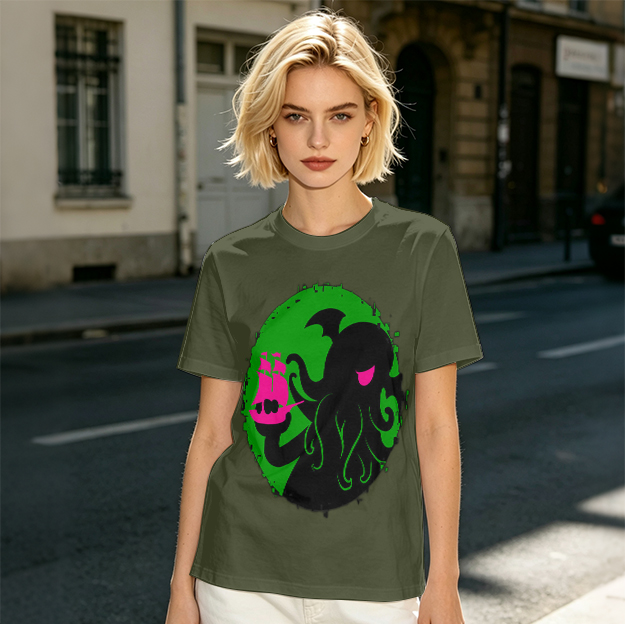 Olive T-Shirt With Cthulhu Holding Pink Ship Graphic Print