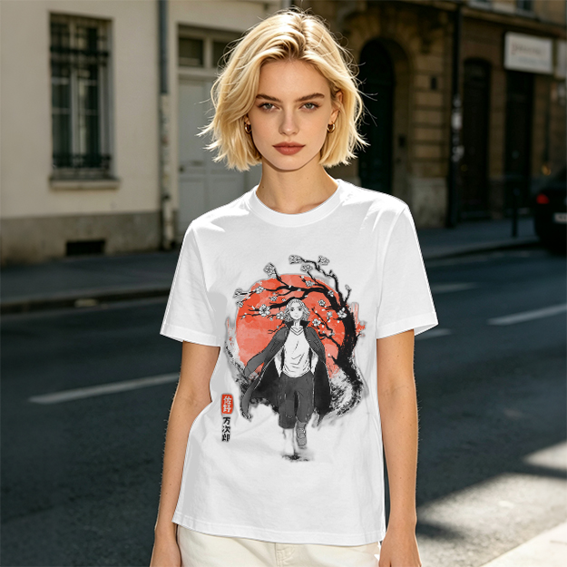 Anime Character with Cherry Blossom Red Moon Graphic T-Shirt
