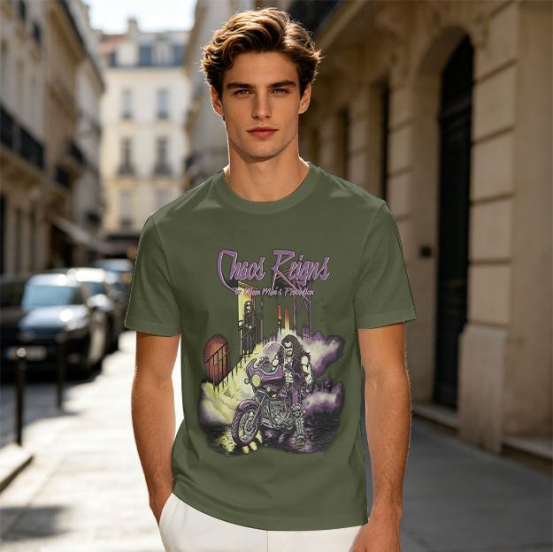 Olive Graphic T-Shirt with Chaos Reigns Biker Artwork