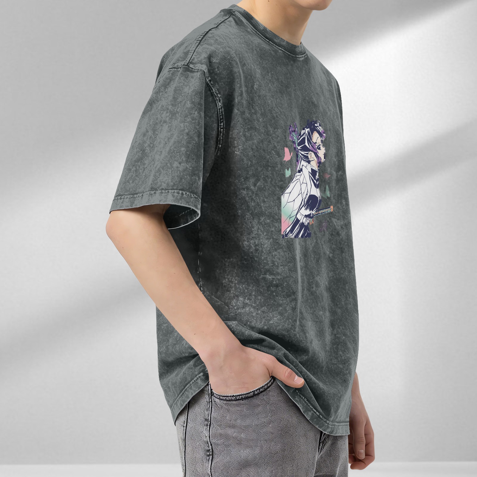 Oversized Vintage Wash Anime Graphic T-Shirt featuring Demon Slayer's Shinobu Kochou with Butterfly Motifs