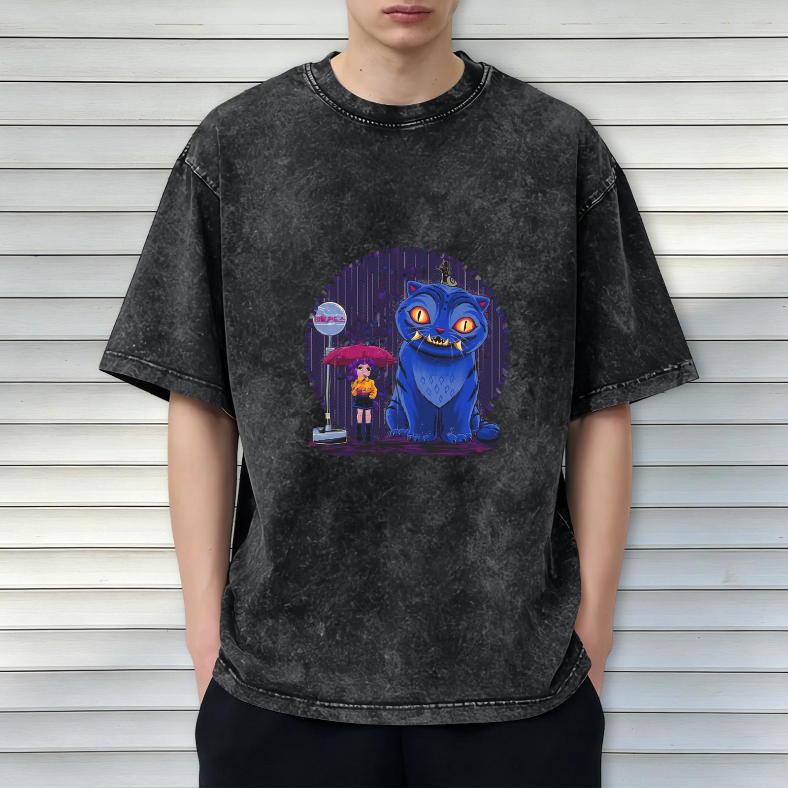 Oversized Acid Wash T-Shirt With Blue Cheshire Cat And Girl Graphic