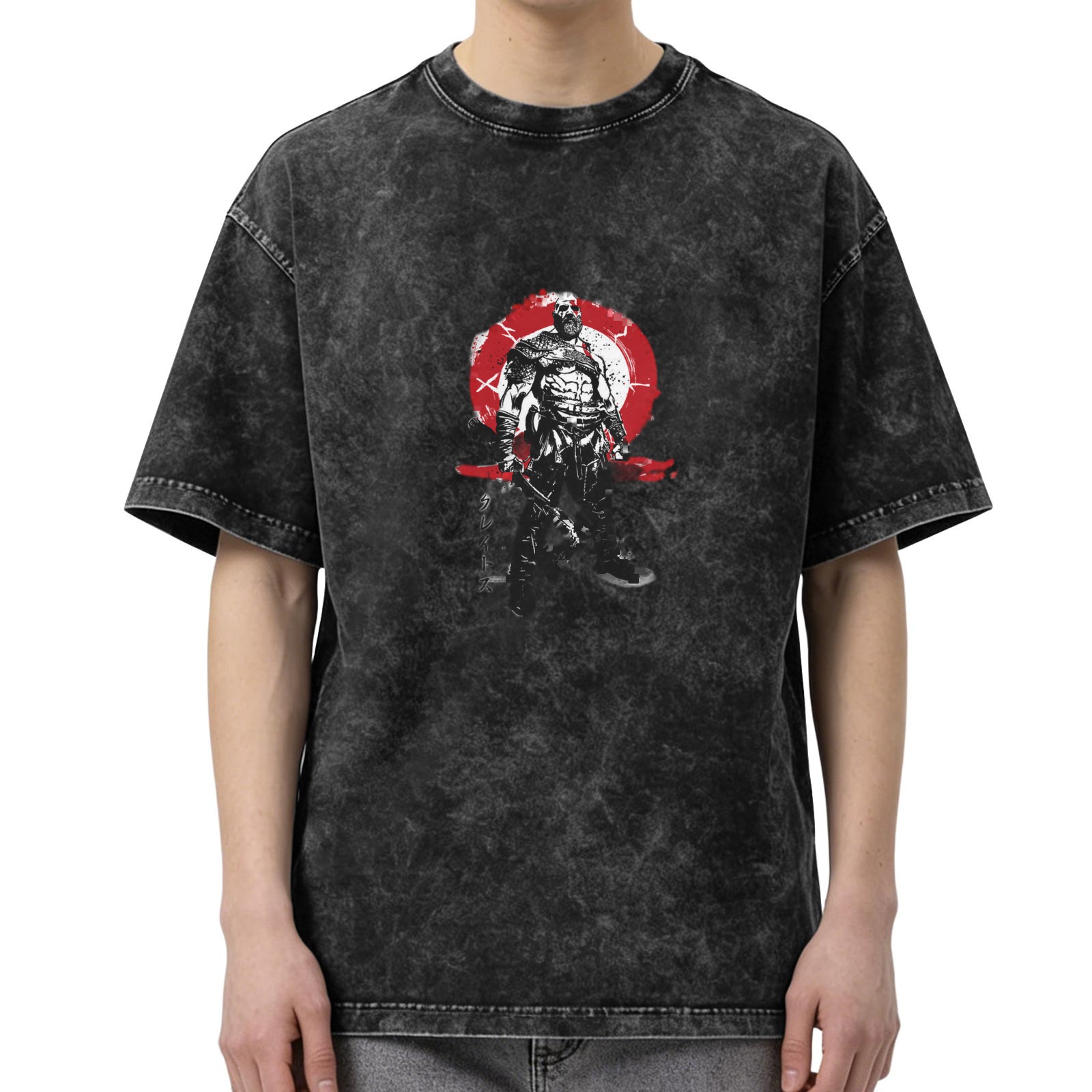 Washed Black Graphic T-Shirt with Warrior Figure Print