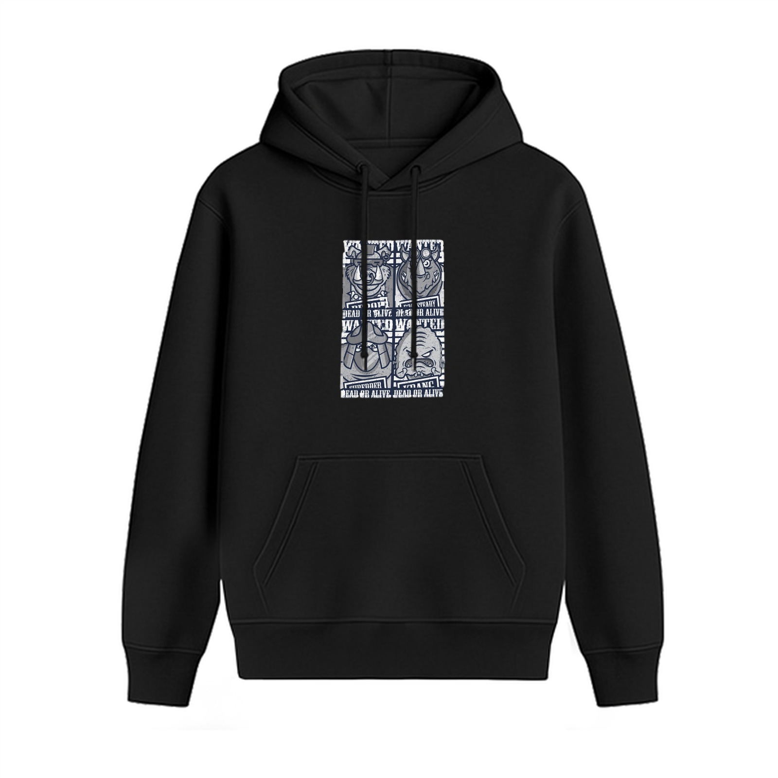 Black hoodie with four cartoon character wanted poster print