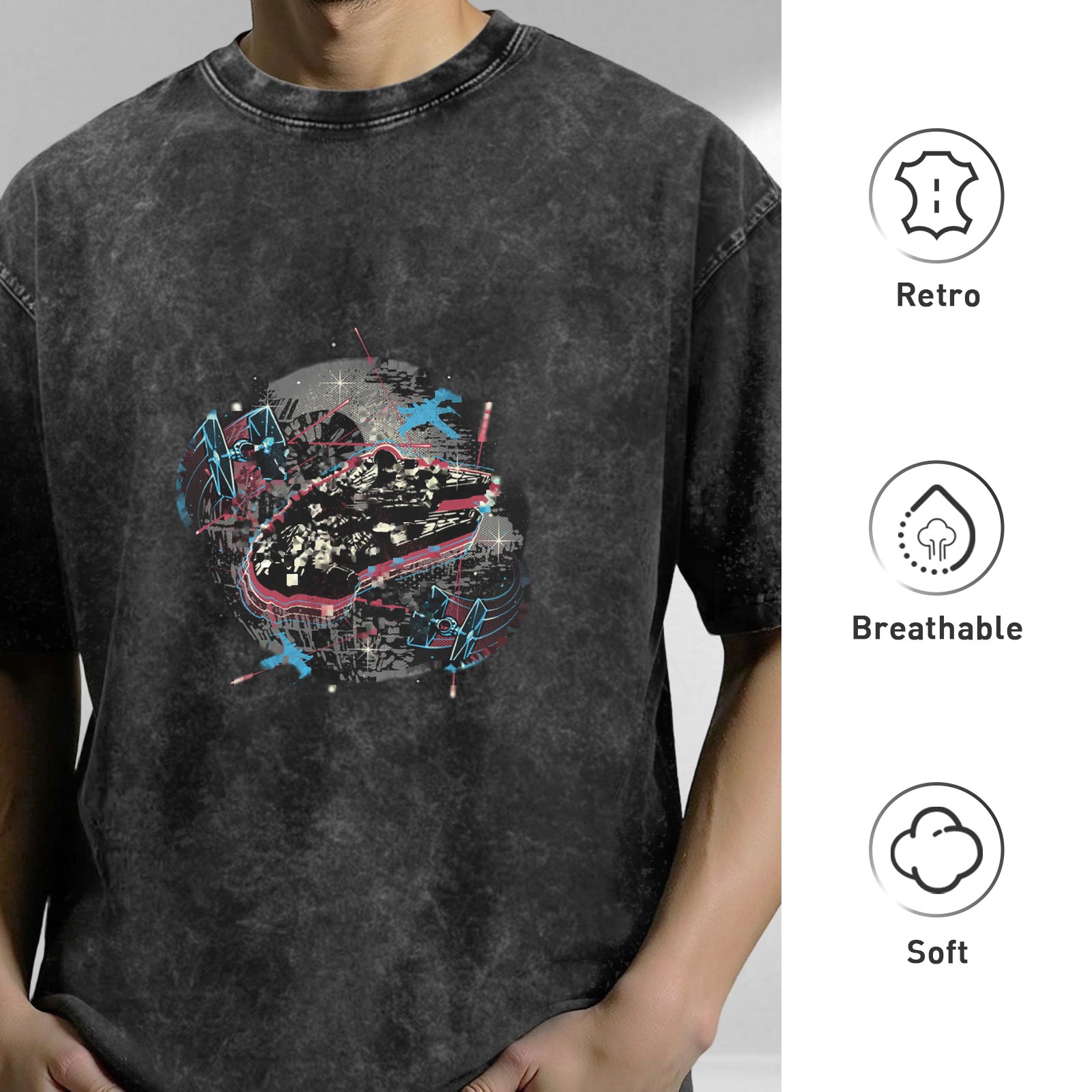 Washed Black Cotton T-Shirt With Star Wars Space Battle Graphic Print
