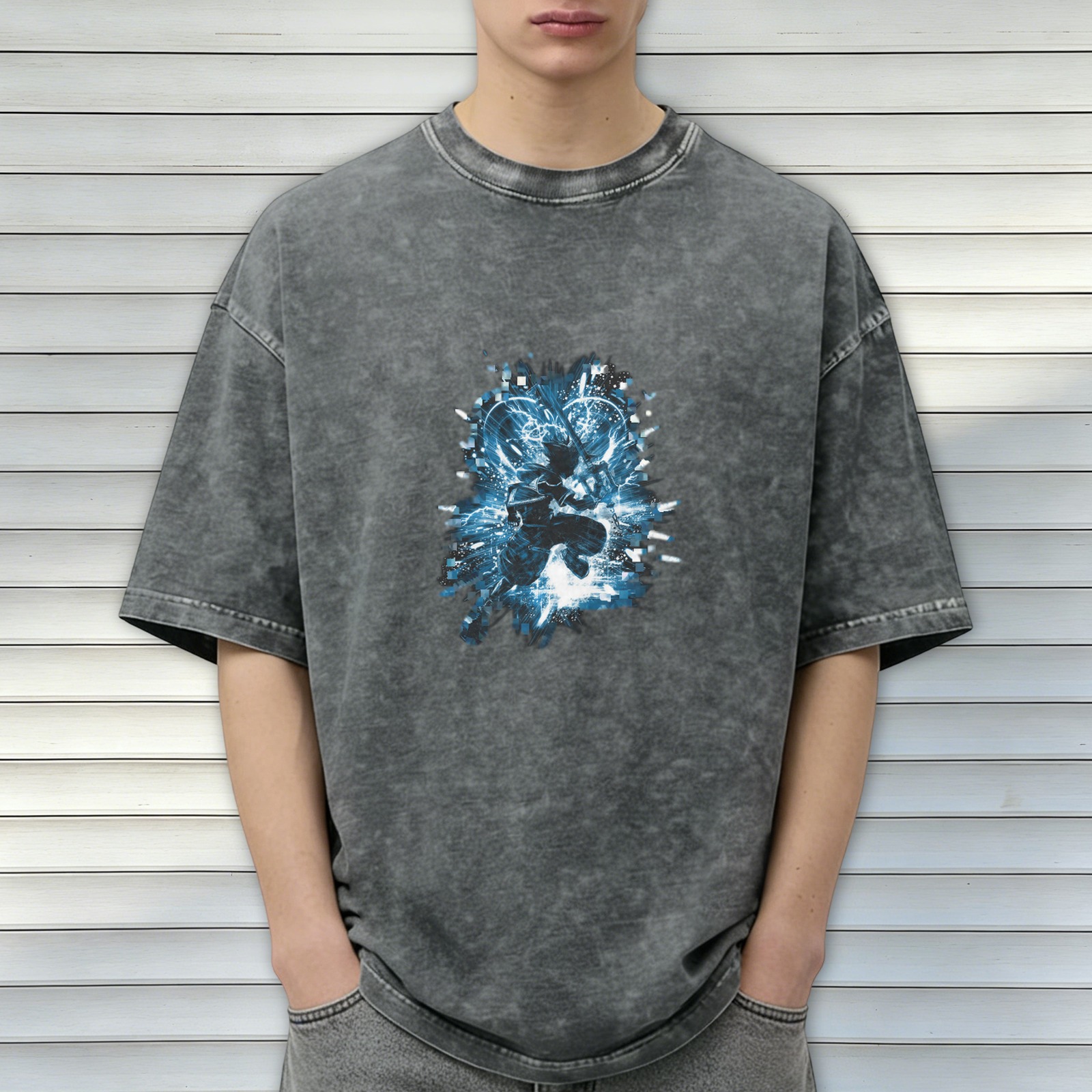 Washed black graphic t-shirt with blue anime action character print