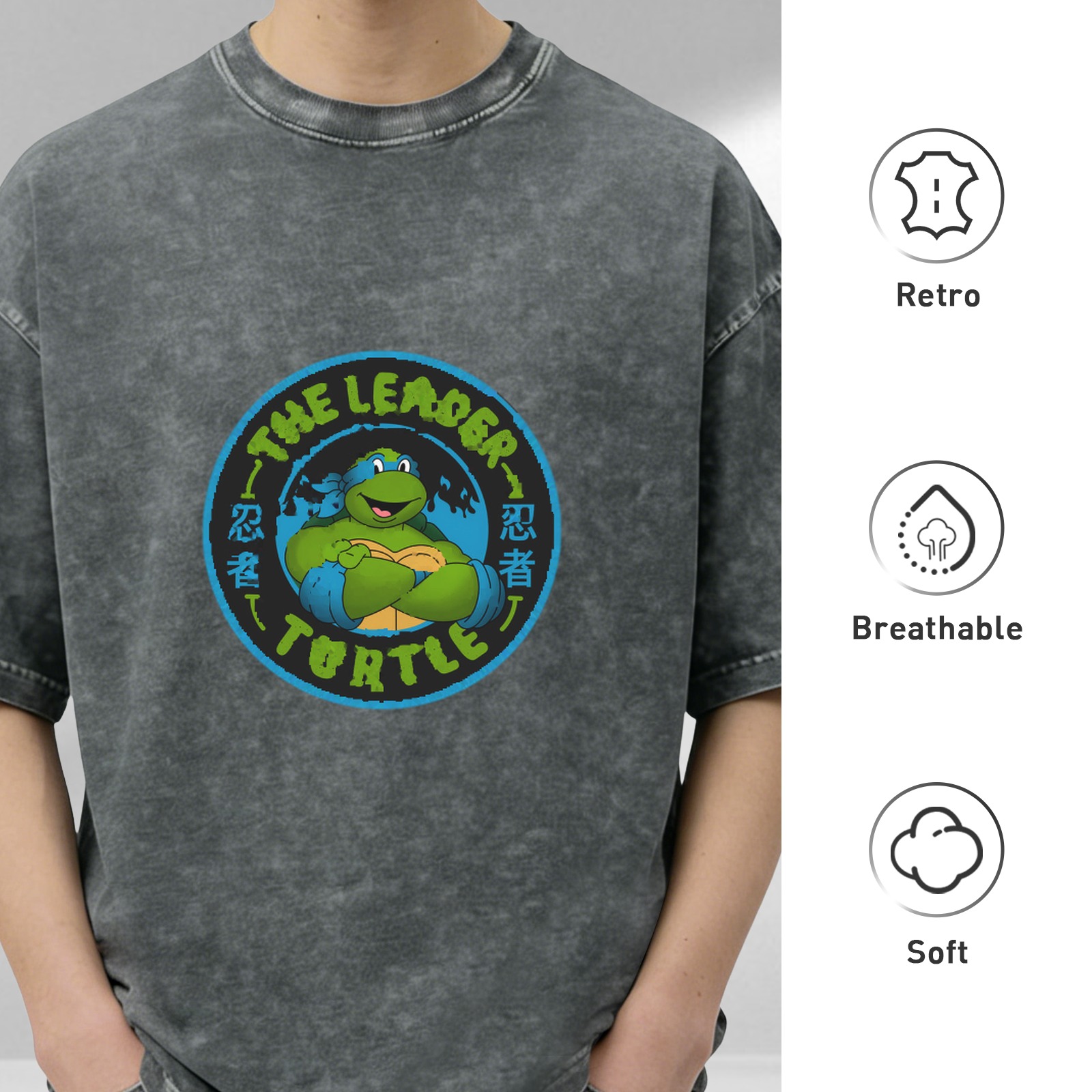 Washed black t-shirt with Teenage Mutant Ninja Turtles leader graphic