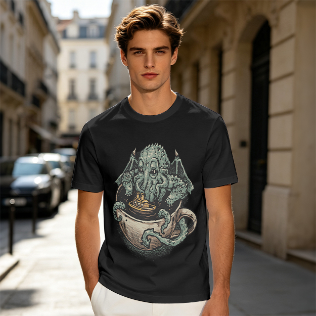 Cthulhu in a teacup with tiny ship graphic t-shirt