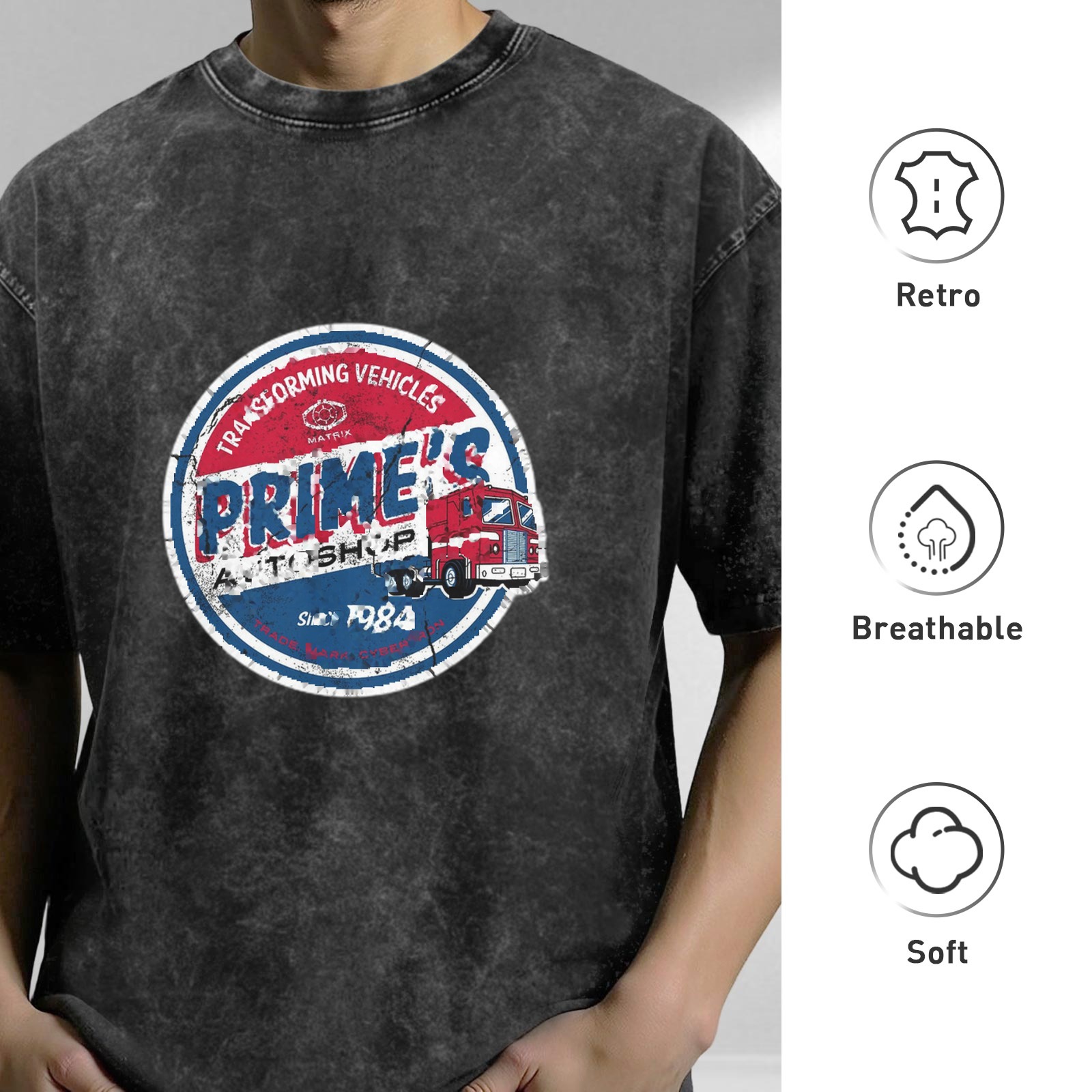 Oversized Vintage Wash T-Shirt with 'Prime's Auto Shop Transforming Vehicles' Graphic Print