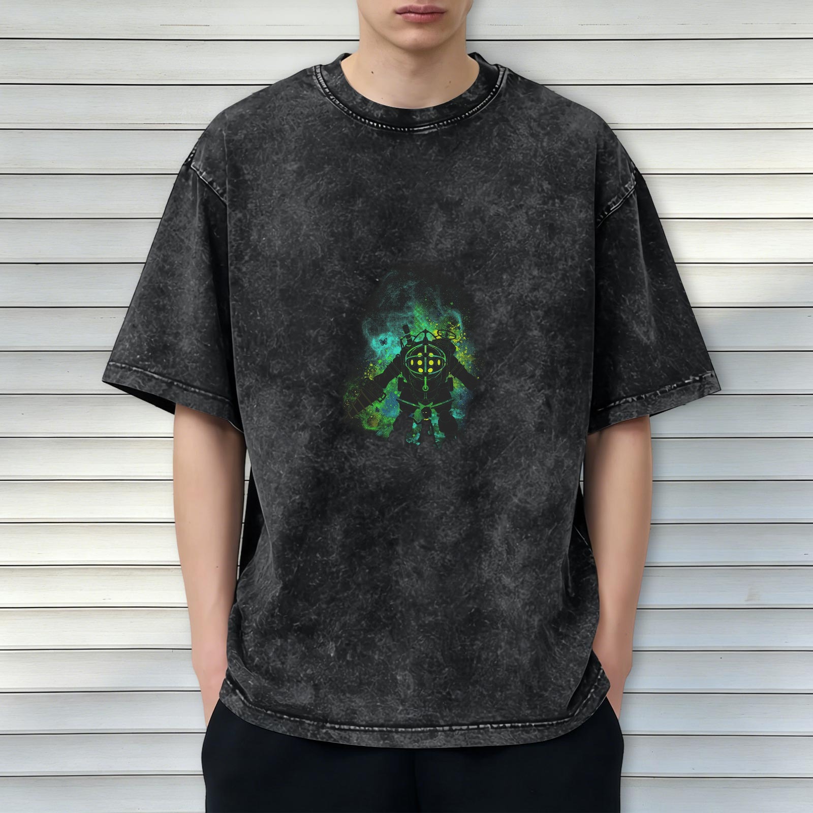 Washed Black Oversized T-Shirt With Glowing Diver Graphic Print