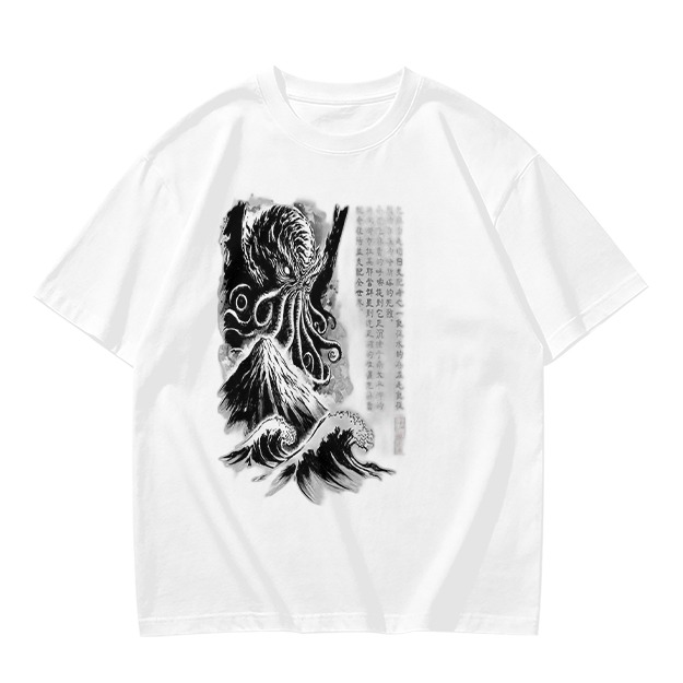 Olive T-shirt with Cthulhu and Wave Gothic Art Print