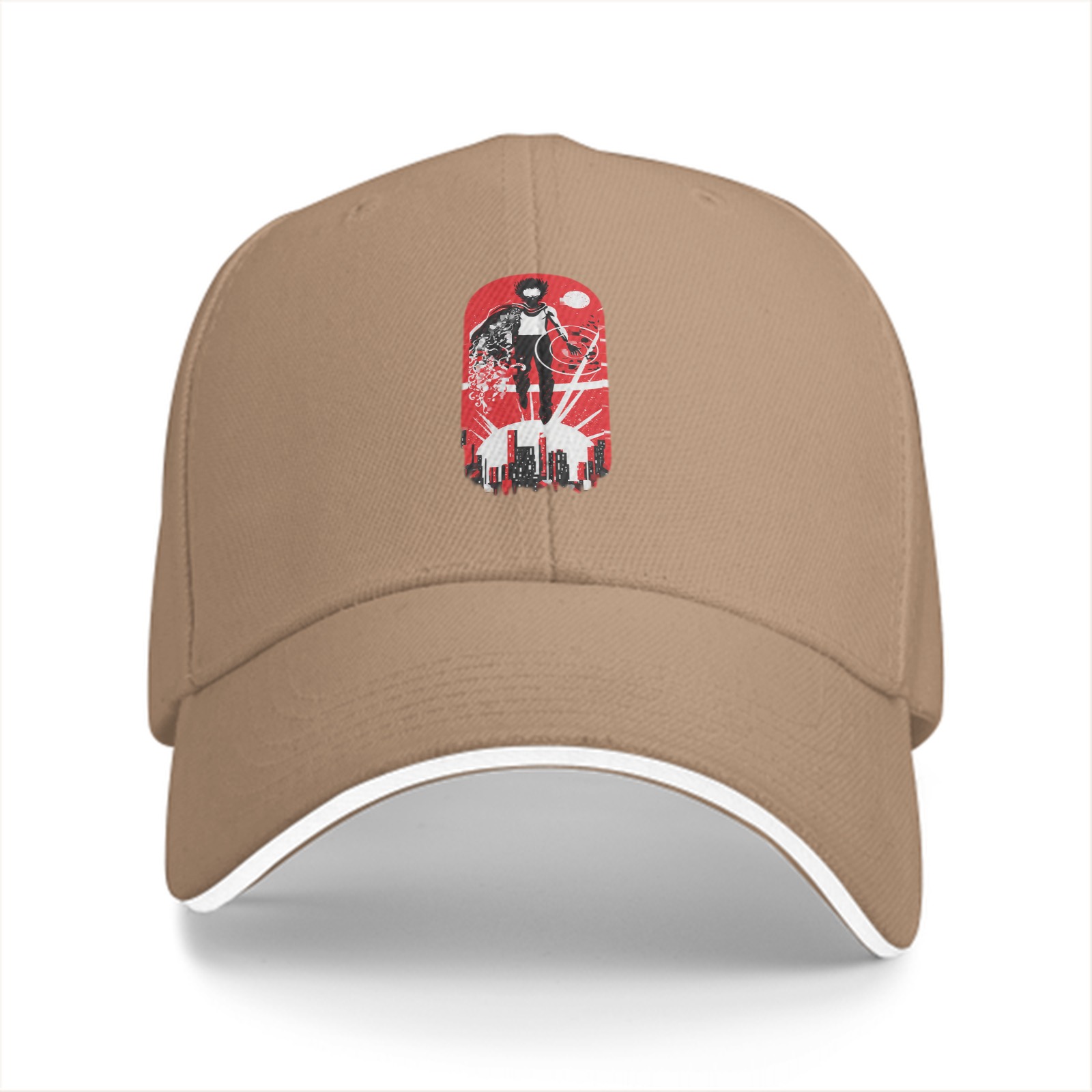 Black Baseball Cap with Superhero Cityscape Graphic Print