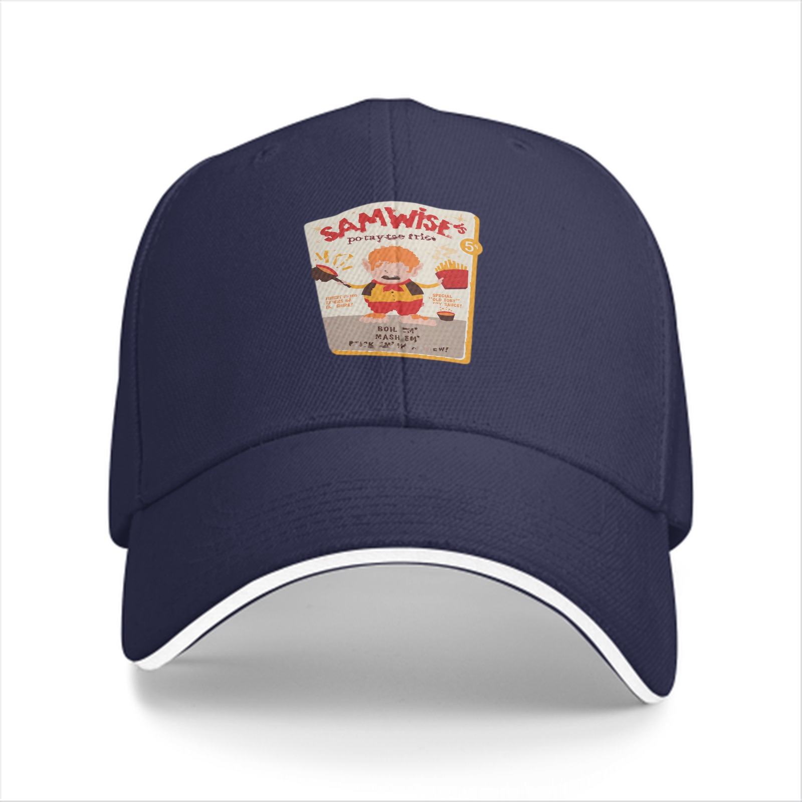 Black baseball cap with Samwise's potato fries graphic