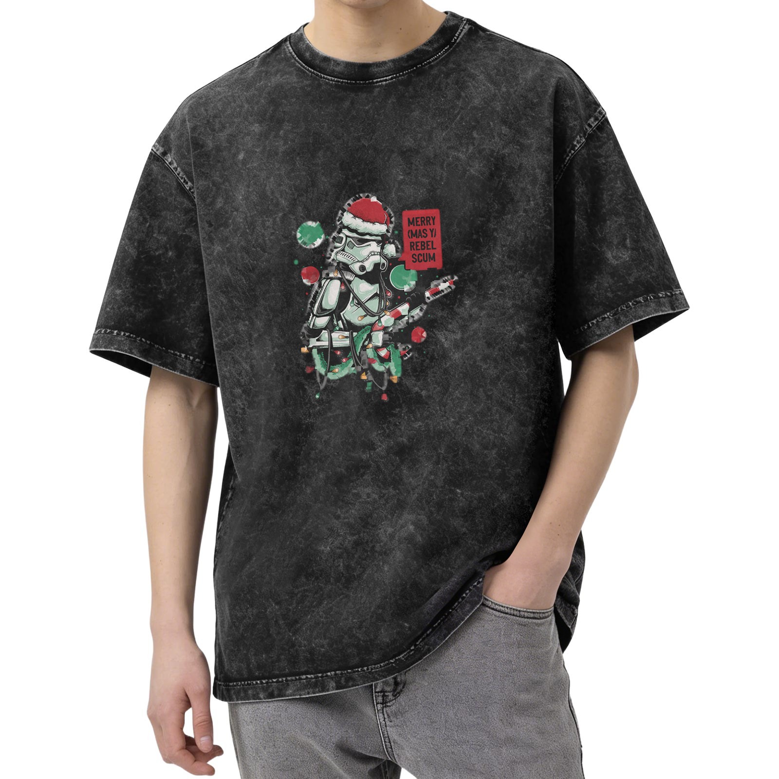 Star Wars Stormtrooper Christmas Graphic Oversized Stone Wash T-Shirt - 'Merry Sithmas Rebel Scum' Festive Holiday Tee