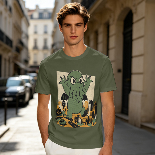 Olive T-shirt with cartoon Cthulhu monster destroying cityscape print